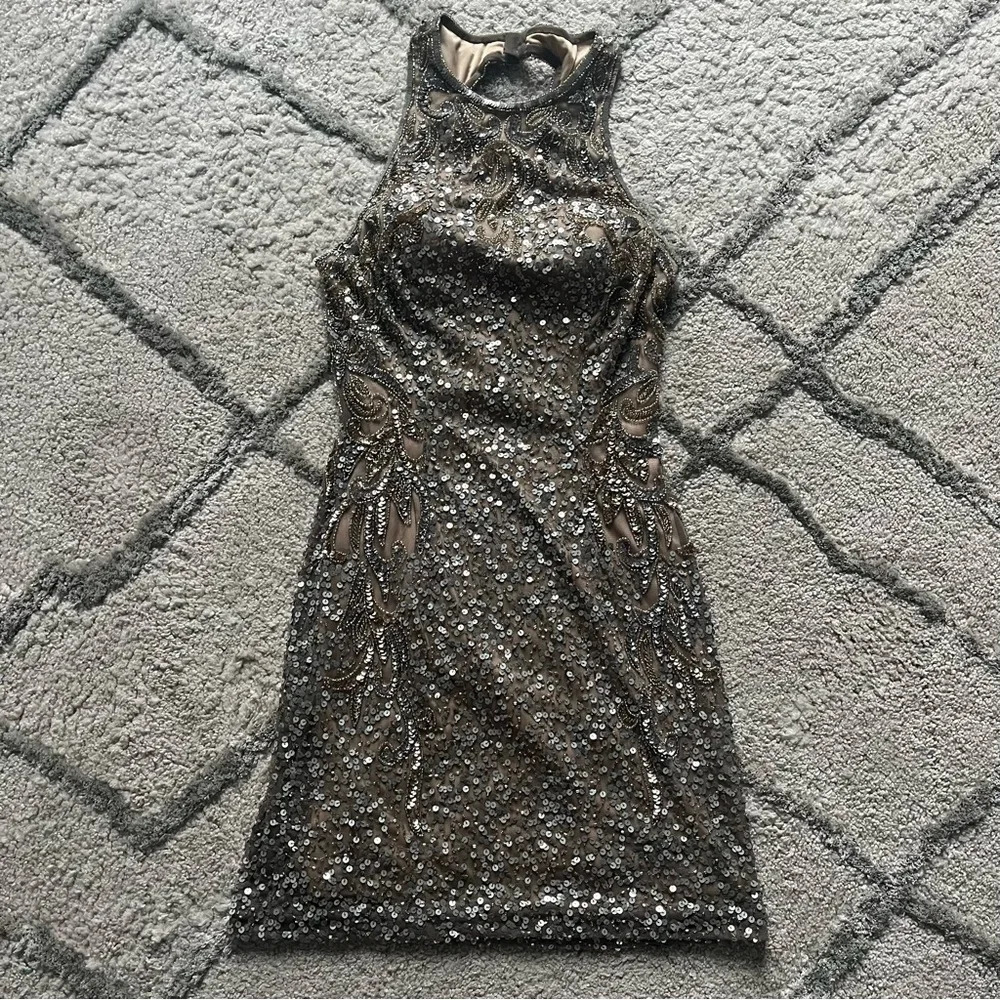 Scala sequin tan nude gray mini dress high neck prom wedding 0